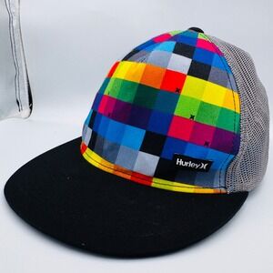 Hurley Multicolor Checkerboard Mesh Trucker Snapback Hat Black OS Flat Brim Bill